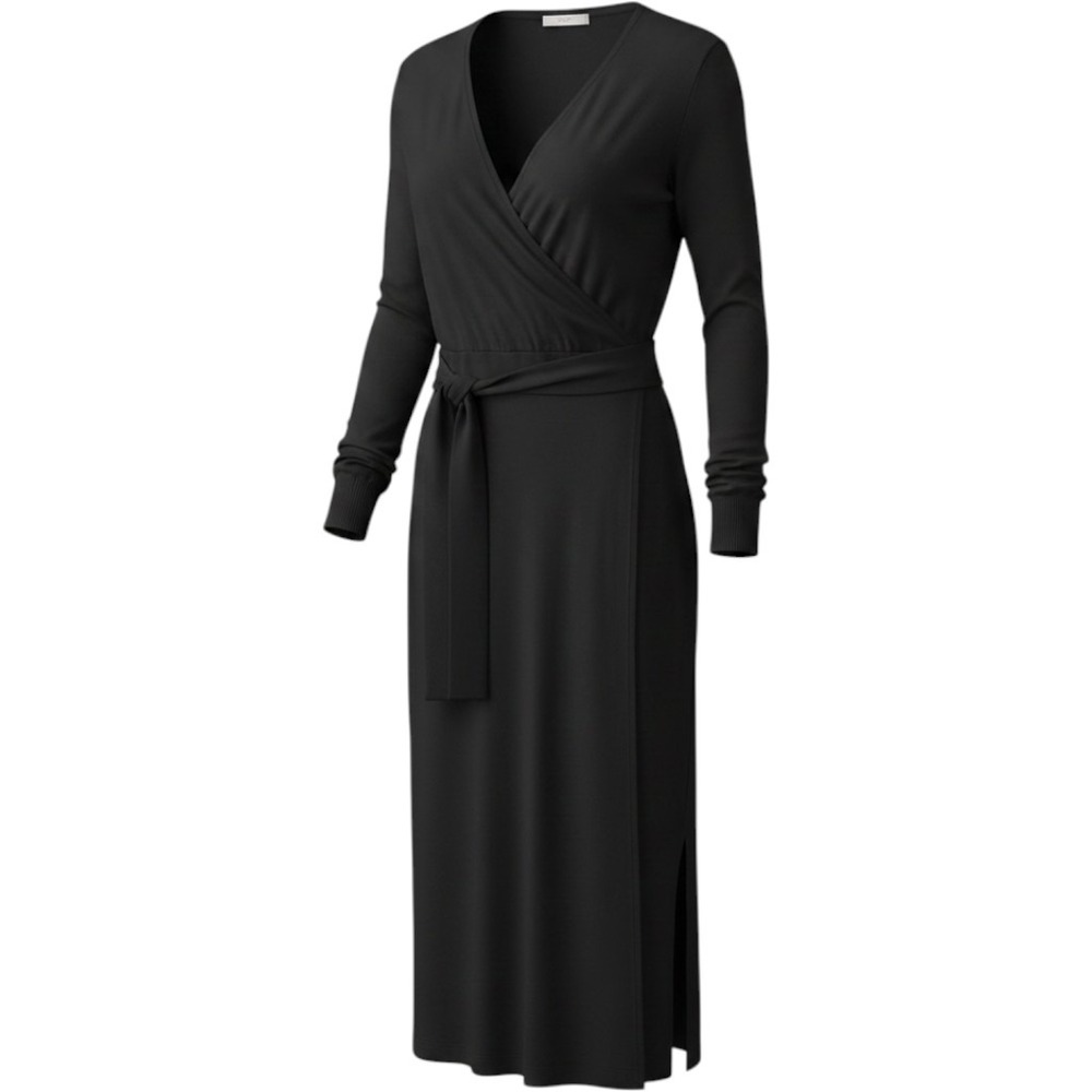 Laila Ali Wrap Midi Dress Womens Large Black‎ Knit Long Sleeve Chic Minimalist